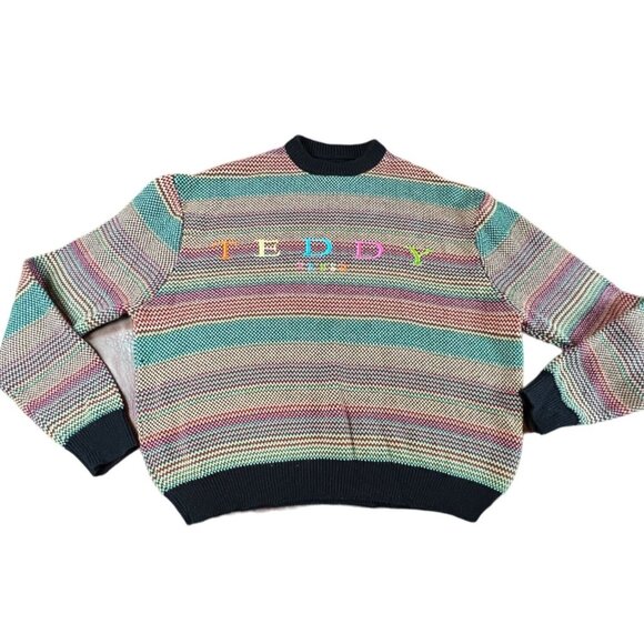 Teddy Fresh Rainbow Embroidered Striped Crewneck Sweater Multicolor XL Cotton - Picture 2 of 8